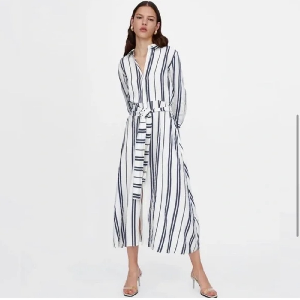 Zara Dress Midi Striped Shirt Dress Tie Waist White Blue Linen size large